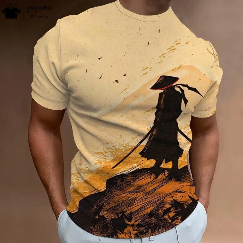 Vintage 3D Samurai Pattern T-Shirt Men Summer Outdoor Men Top Fashion Breathable Men Short Sleeve Tee Round Neck Men's Clothing