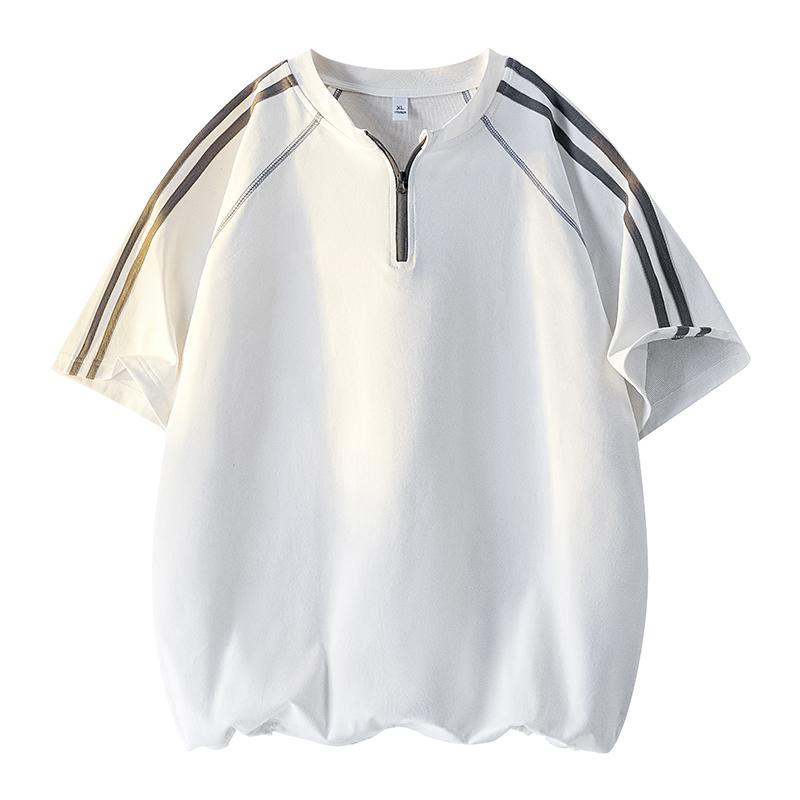 Plus Size Men's Half-zip Cool Breathable Striped Sports Short-sleeved Men's Moisture-wicking T-shirt