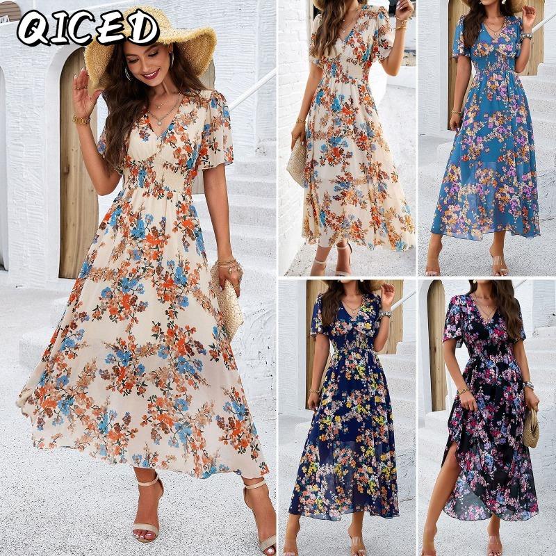 QICED Damen Mode Sommer Frühling V-Ausschnitt Kurzarm Freizeitkleider