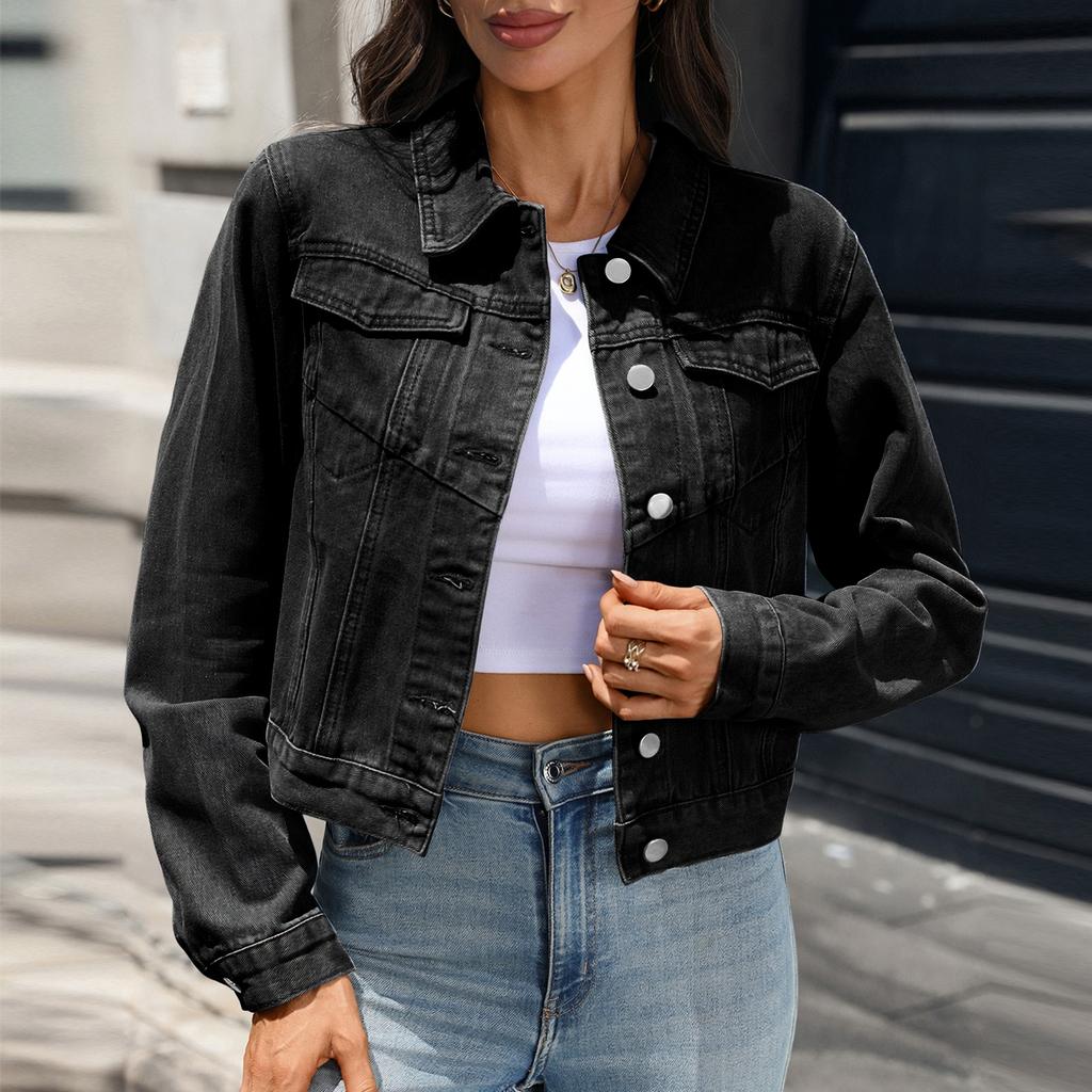 Women's Cropped Denim Jacket Long Sleeve Single Breasted Lapel Collar Casual Coat