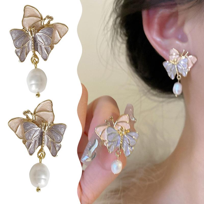 1Pair Purple Dream Butterfly Pearl Stud Earrings Korean Exquisite Gentle Sweet Earring For Women Girl Party Wedding Jewelry Gift