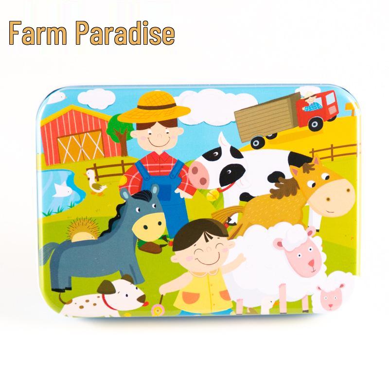 120-teiliges Holz-Cartoon-Puzzle in Blechdose für Kinder von 0-6 Jahren