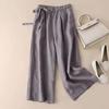 Southeast Asia Retro Cotton Linen High-Waisted Wide-Leg Cropped Pants with Side Tie