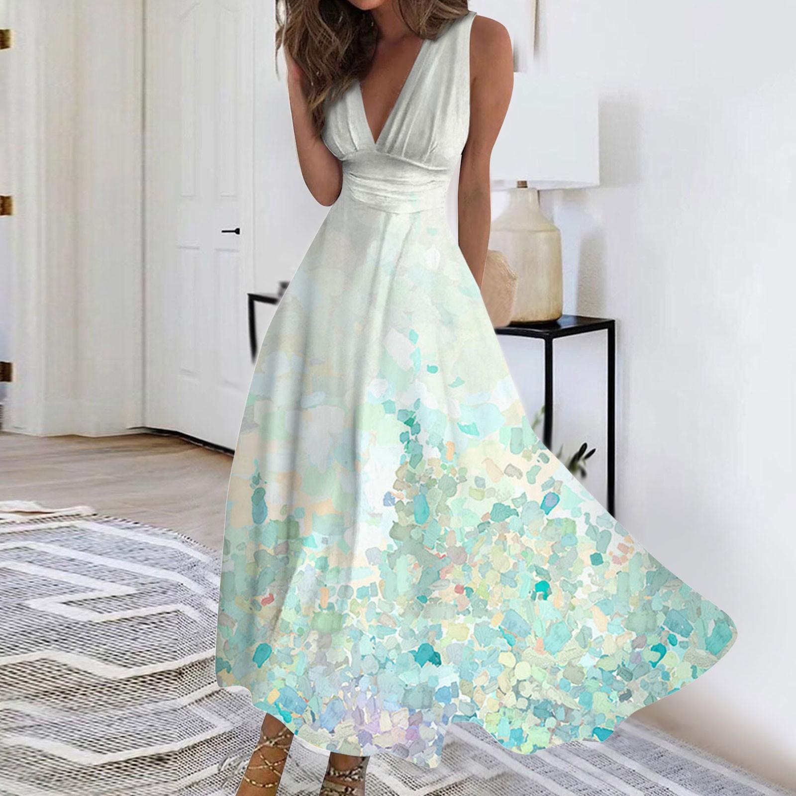 

Женское длинное платье Платье макси Повседневное платье Летнее повседневное платье без рукавов с v-образным вырезом в стиле бохо с талией и принтом L