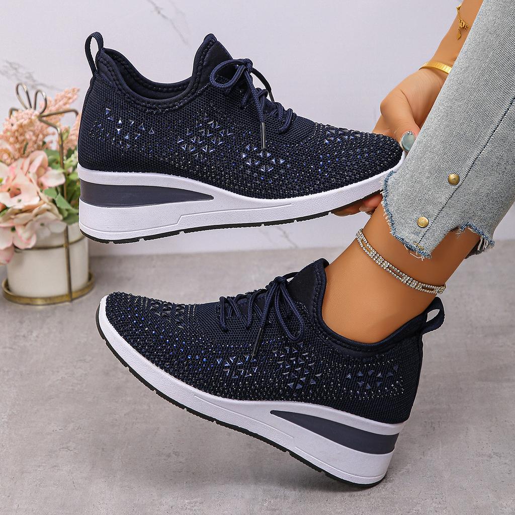 Summer new mesh breathable fly-woven shoes women's large size rhinestone lace-up sports and leisure shoes