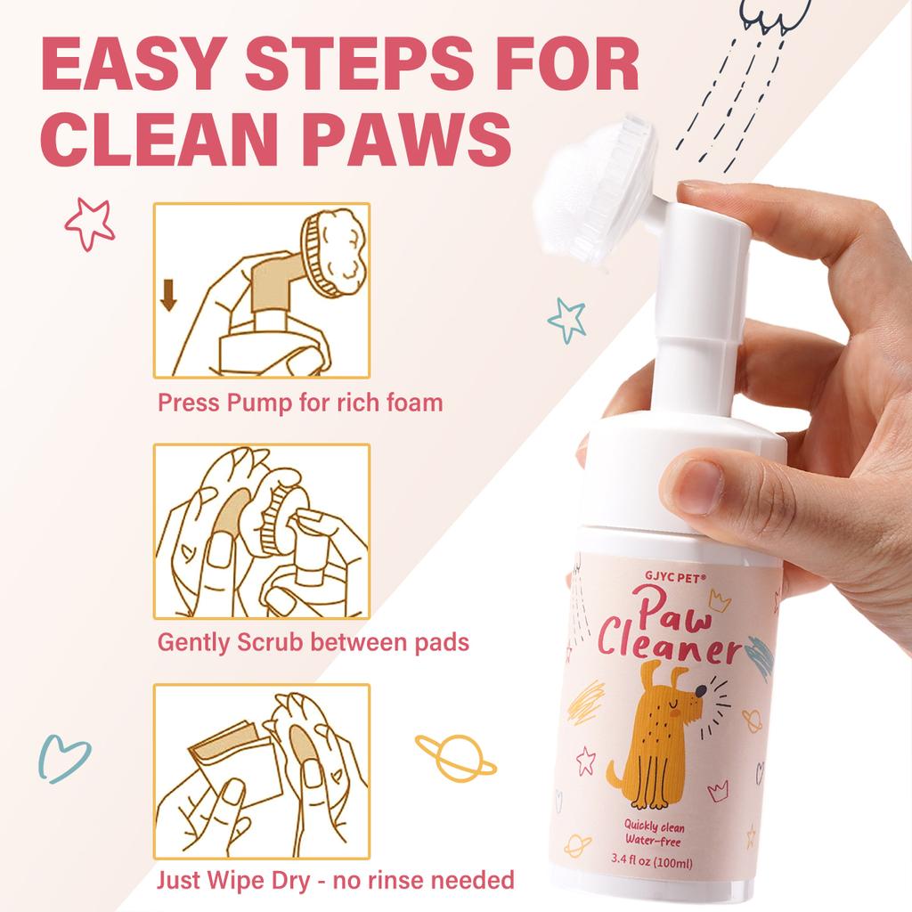 Pet Paw Cleaner Foam - No-Rinse Waterless Gentle Lick-Safe, Plant Extracts Soothing Moisturizing with Soft Brush for Cats Dogs