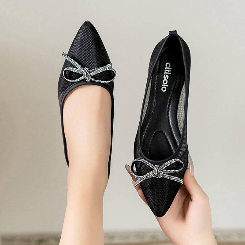 Sweet Butterfly Knot Breathable Mesh Flat Bottom Pointed Toe Casual Shoes for Women Spring Summer Fashion Versatile Slip-On Shoe