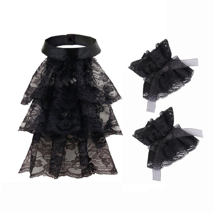 

Colonial Black Ruffled Lace Jabot Collar and Cuffs Set Pirate Costume Accessory for Women Men Victorian Colonial Costume 1