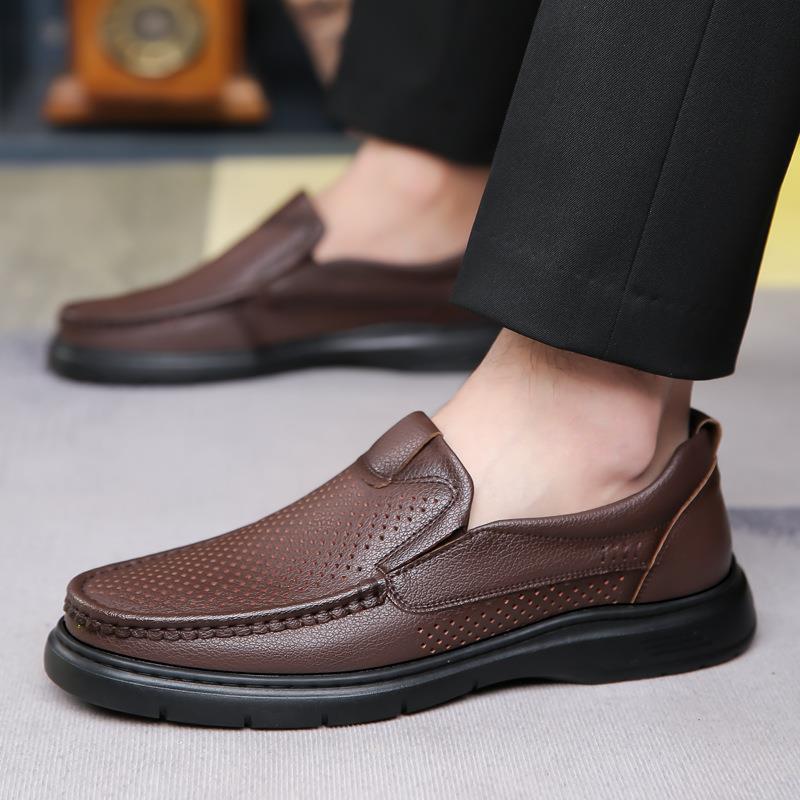 Summer Hollow Leather Shoes Men's Breathable Business Casual Leather Sandals One Pedal Soft-soled Middle-aged Men's Dad Shoes