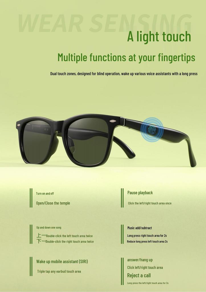 AI Smart Bluetooth Music & Call Glasses with Auto On/Off & Metal Hinges