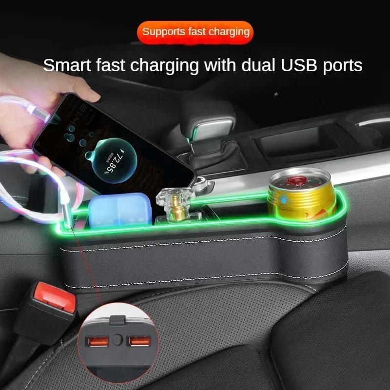 New Car Crevice Storage Box with 2 USB Charger Colorful LED Seat Gap Slit Pocket Seat Organizer Card Phone Bottle Cups Holder