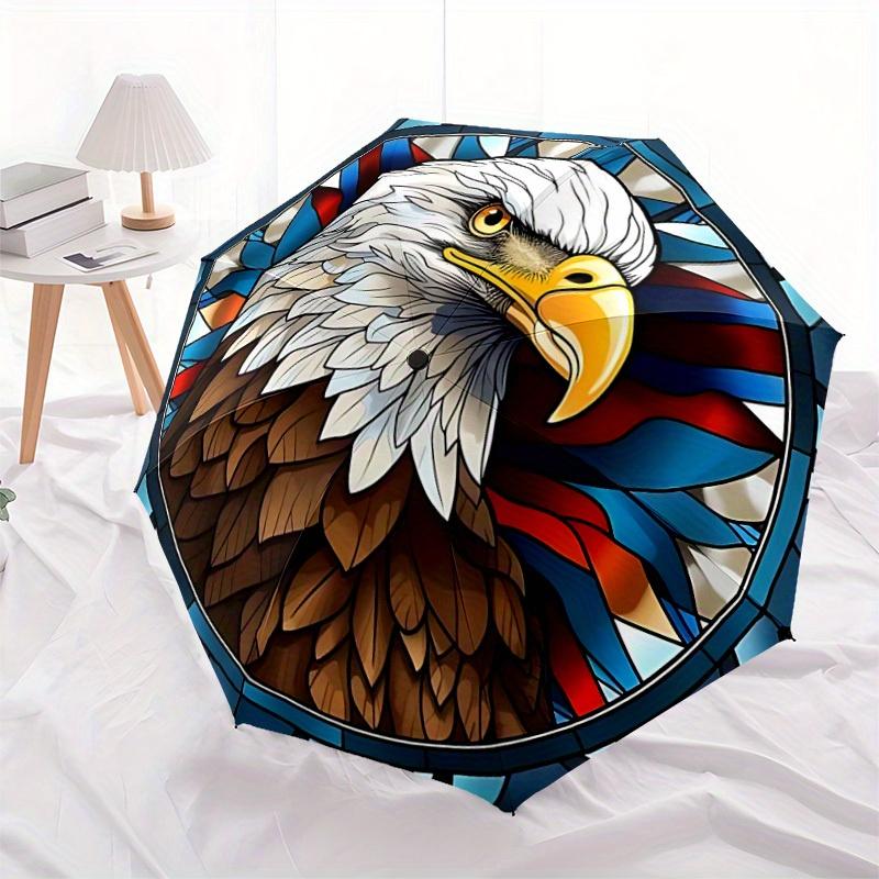 1pc Eagle Stained Glass Automatic Folding Umbrella - 8-Rib Iron Frame, Windproof, Portable Sunshade with Plastic Handle for Travel & Outdoor