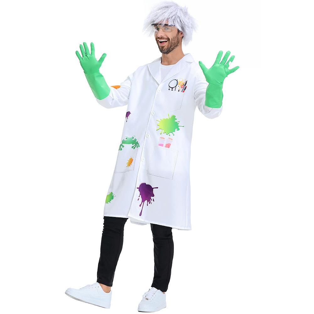 Adult Men Crazy Science Laboratory Scientist Jacket Top Gloves Set Halloween Cosplay Costumes Role Play Outfit