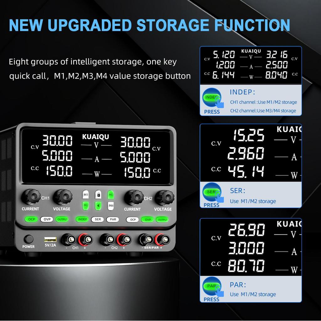 Dual Channel Power Supplies KUAIQU 30V 5A 4 in 1 Indep series parallel OCP & OVP Data storage Panel lock, output switch, encoder knob SPPS305-2KD