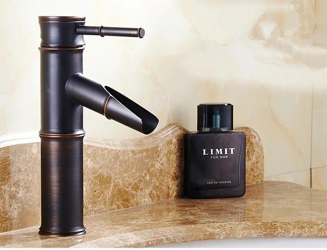 Basin Faucets Black Bronze Waterfall Faucet Bamboo High Arch Bathroom Sink Taps Single Lever Hot and Cold Water Mixer Taps