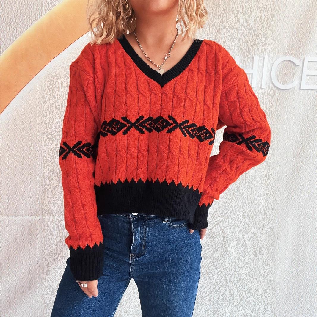 

Sueter Mujer 2025 Korean Retro Color Blocked Women s Sweater V-neck Long Sleeved Knitted Top Short Casual Pullover CR4390 L оранжевый
