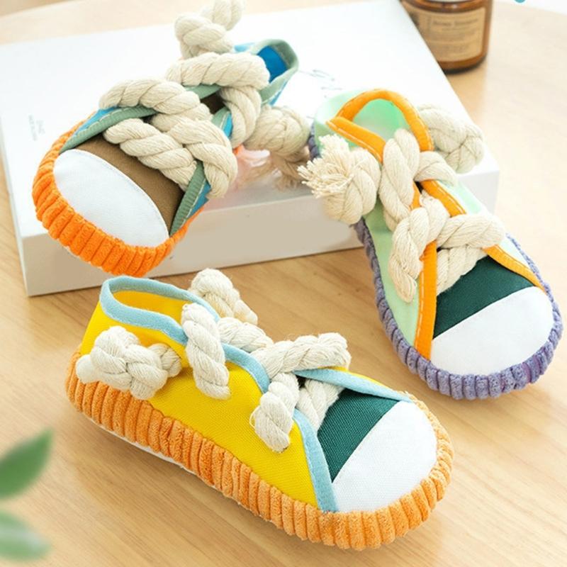 Squeaky Shoe Dog Chew Toy For Various Size Breeds Teething and Chewing Strong Tug War Rope Pet Indoor Activity Toy