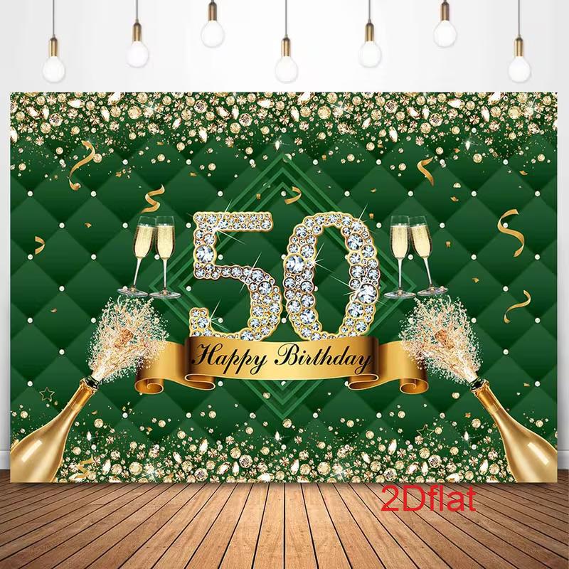 2D Green Gold 50th Birthday Champagne Backdrop Banner 47.2x31.5inch/120*80cm