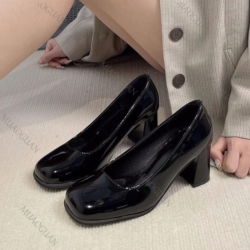 Fashion Elegant Woman Heeled Shoes Black Leather Thick High Heels Female Spring Autumn Women's Pumps Sexy Square Toe Shoes Women Heels