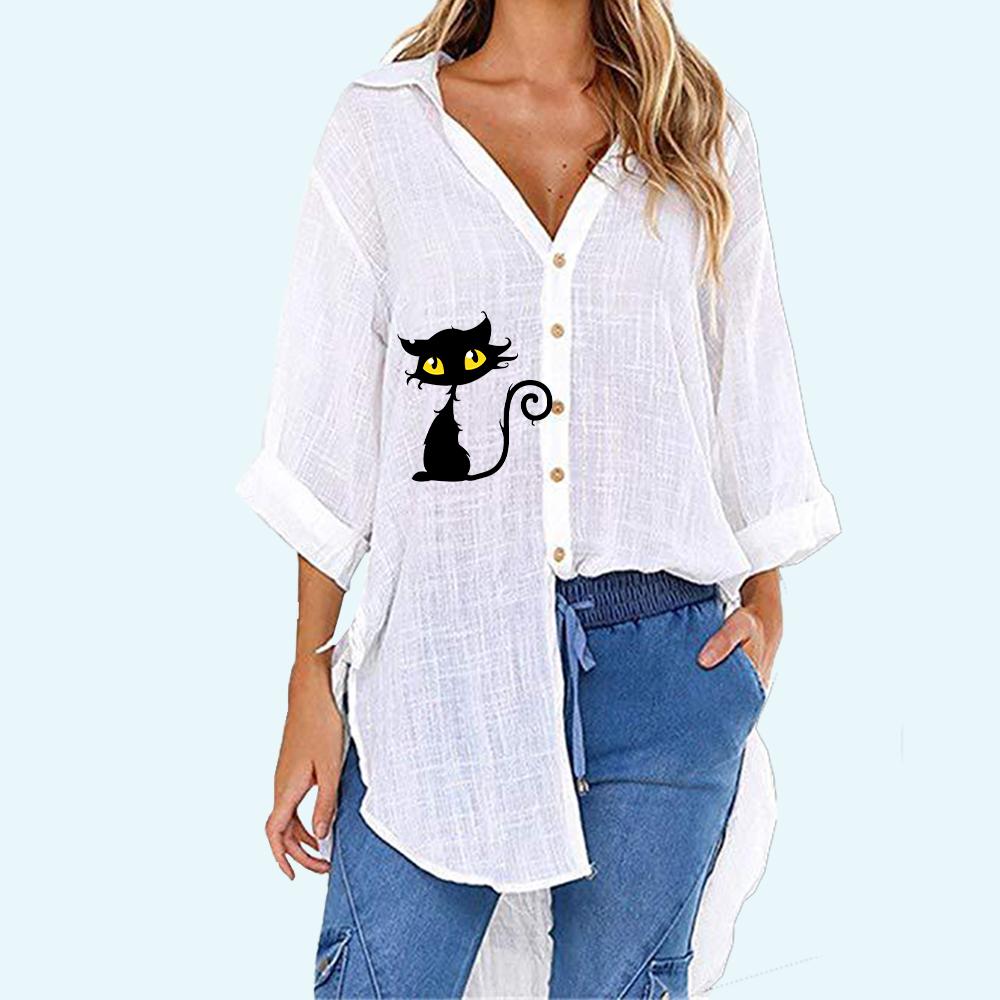

Женская рубашка на пуговицах с принтом, летняя и осенняя модная футболка с коротким рукавом, женская повседневная рубашка с v-образным воротником, свободные длинные блузки S белый