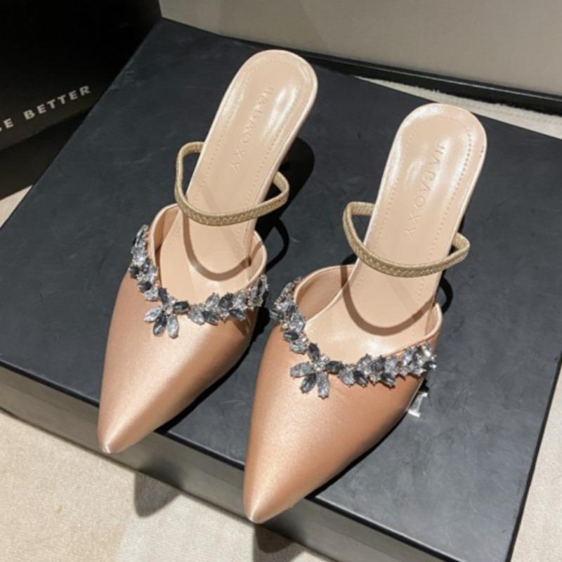 Fashion New Spring Slippers Women's Fashion Pointy Shallow-cut Sequin Slip-on Anti-slip and Wear-resistant Stiletto Sandals