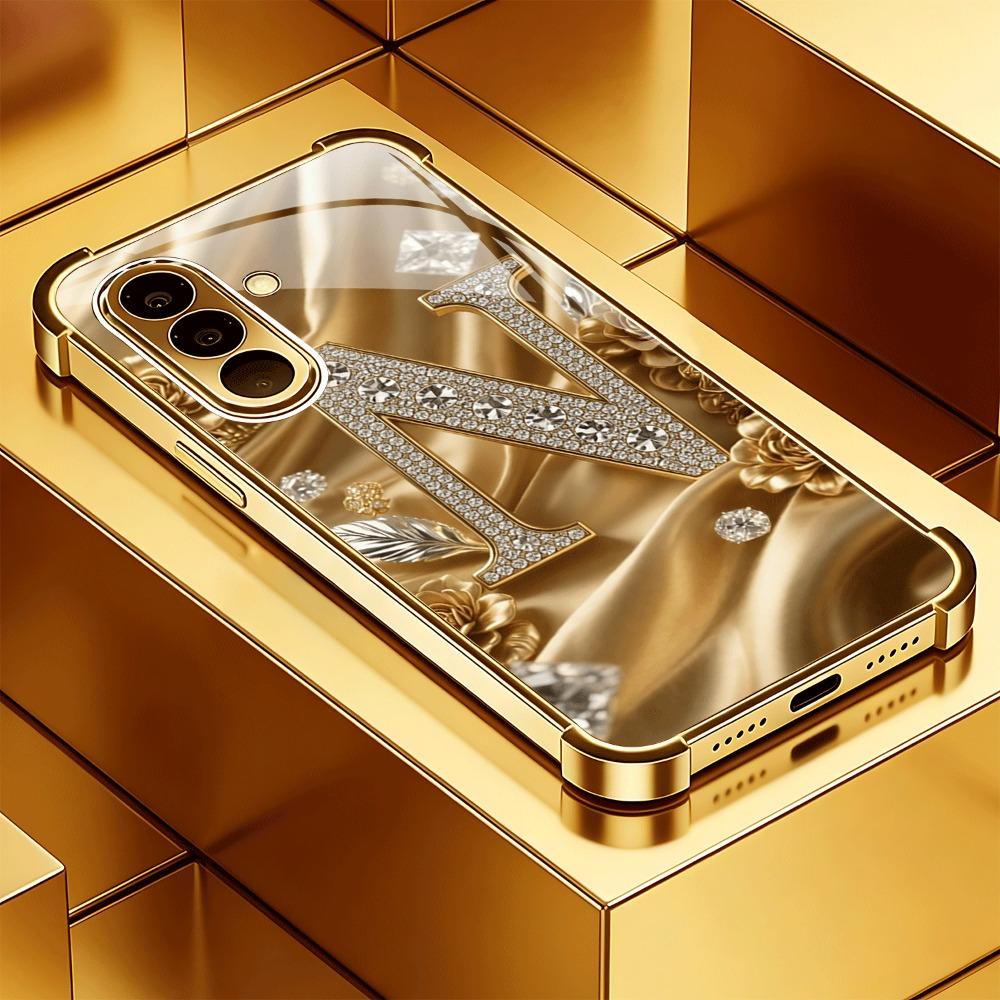 Letter N pattern glass phone case suitable for Samsung Galaxy S26 S25 S24 S23 S22 S20 FE/Ultra/Plus four corner anti drop case