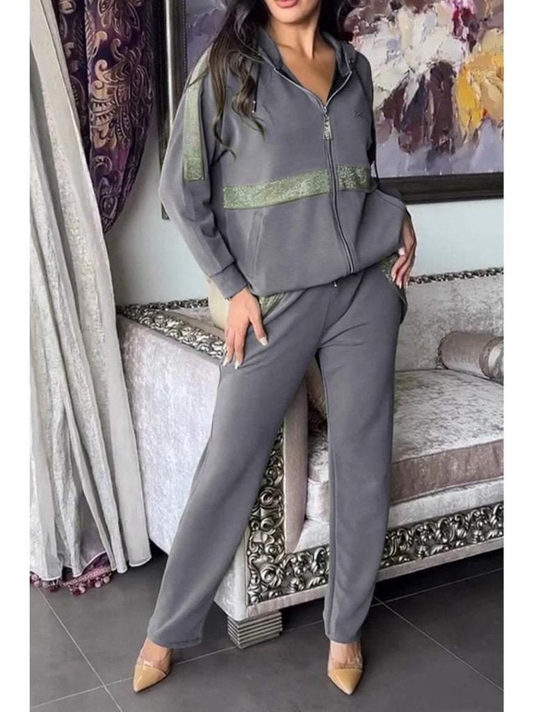 2024 Euro-American Solid Color Zip-Up Sweatshirt & Drawstring Pants Set - Women's Casual Two-Piece