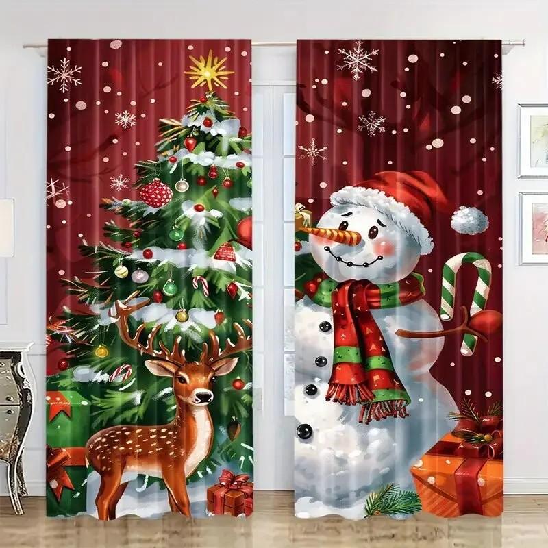 2pcs Festive Snowman Pattern Curtains  Christmas Window Decorations  Polyester Fabric  Rod Pocket  Home Decor