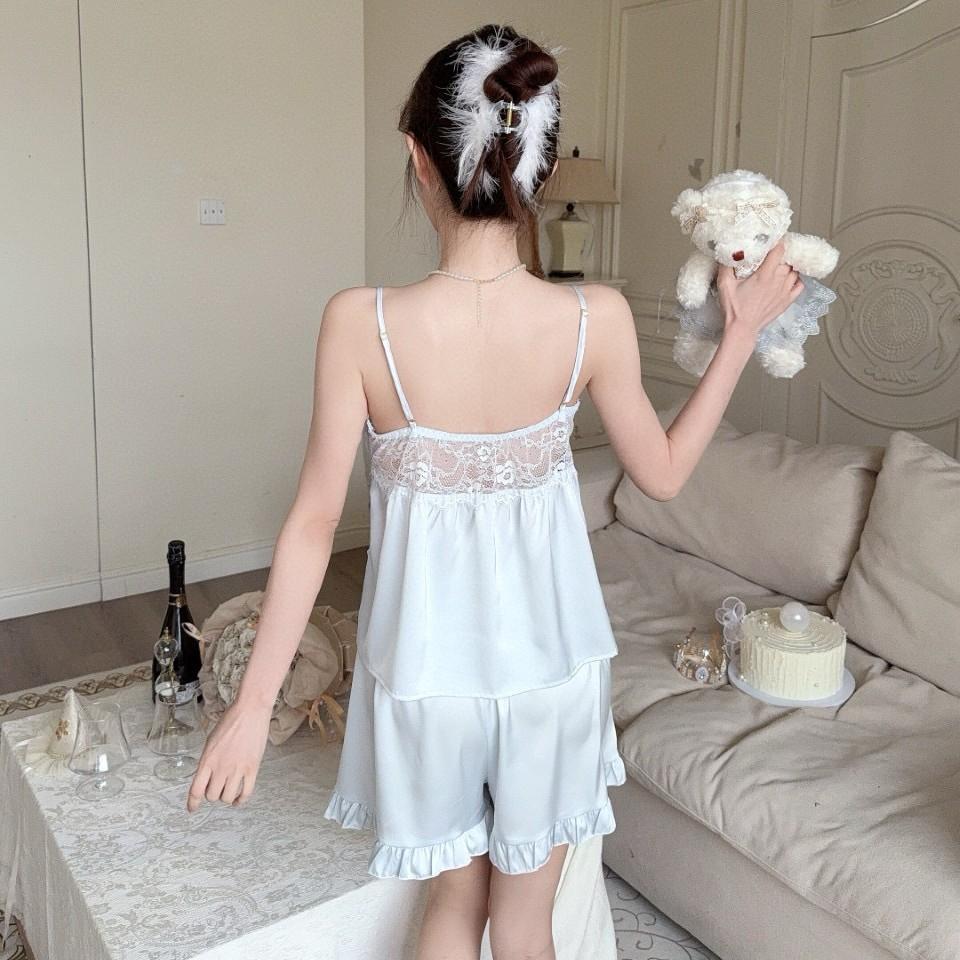 Summer Ice Silk Pajamas Women's Sexy Lace Suspenders Shorts with Chest Pads Loungewear French Romantic Niche Internet Celebrities
