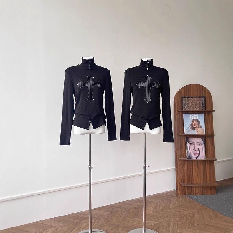 Women s Autumn High Neck Slim-fit Punk Rhinestone Long Sleeve T-Shirt Small чёрный