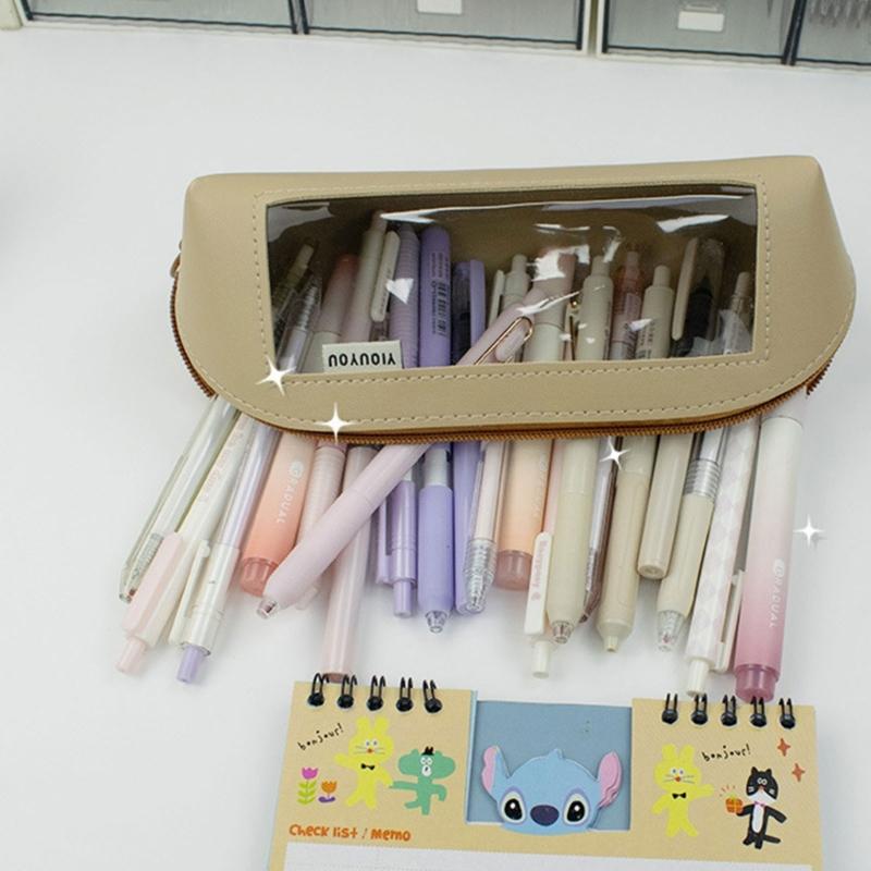 Leather Pencil Case Large Compartment Pencil Bag Water Resistant Clear Pen Pouches Pen Organizers Bag for Student Adult