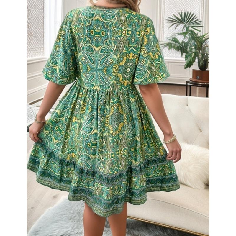 JKASHDK Robe décontractée à manches courtes et col en V pour femme, motif floral, mode été printemps, imprimé, taille ample