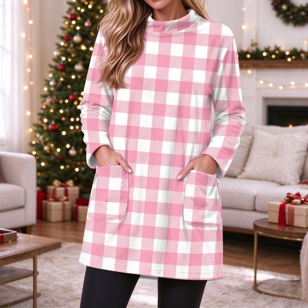Women's Flannel Plaid Print Pullover Top with Pocket, Long Sleeve Neck