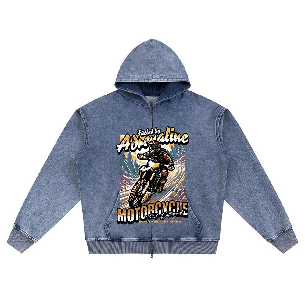 DTG-Druck Gestrickter Denim Zip-Up Hoodie Streetwear Motorrad Brother Print Reißverschluss-Hoodies