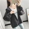 fyetemon Zip Loose Long Pocket Drawstring Solid Color Dark Women's Hoodie, Spring, Fit, Sleeve, Zippered, Top, Hood, (L, Gray)