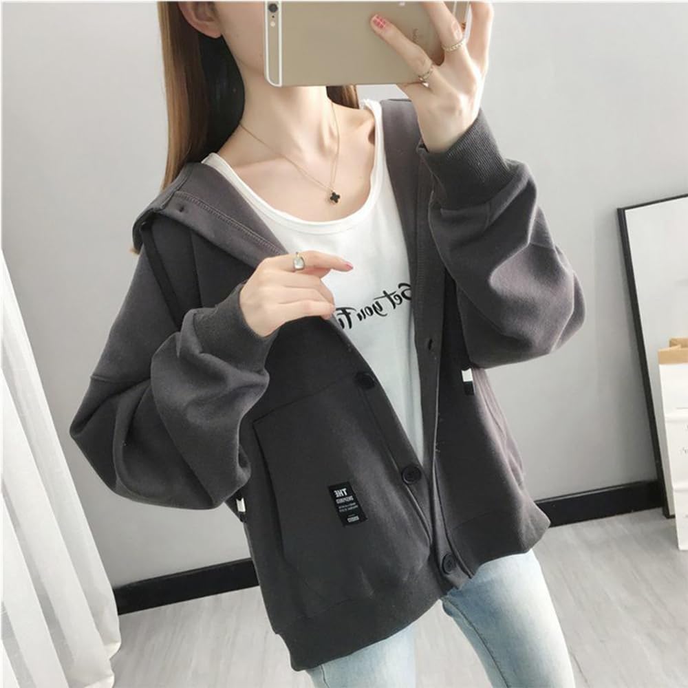 fyetemon Zip Loose Long Pocket Drawstring Solid Color Dark Women's Hoodie, Spring, Fit, Sleeve, Zippered, Top, Hood, (L, Gray)