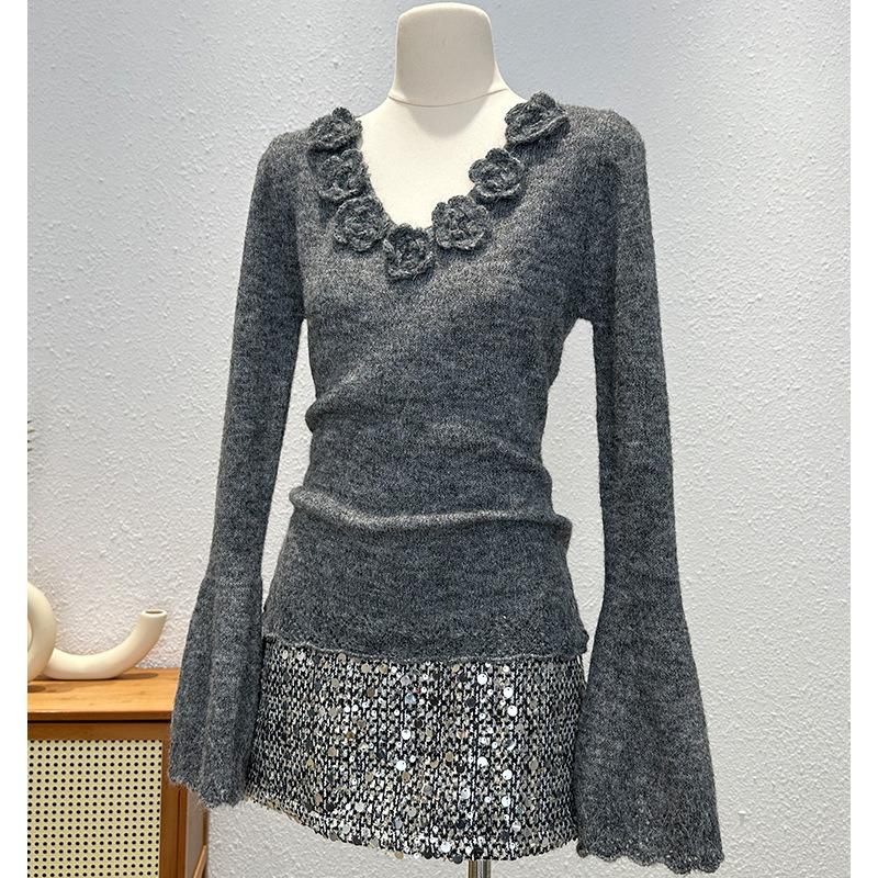 Three-dimensional Flower Knitted Sweater Autumn and Winter New Horn Sleeve Design New Niche Crochet V-neck Bottoming Sweater
