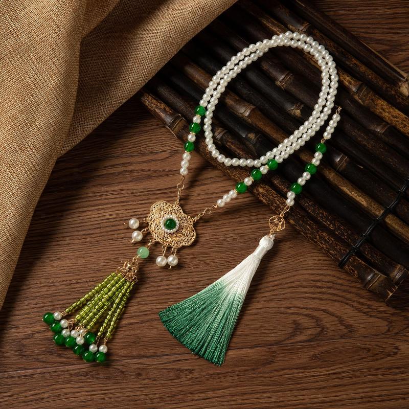 {Summer2} Hanfu Tassels Necklace Long Chain Vintage Chinese Necklace Tang Ming Dynasty Hanfu Pendant Necklace For Women Girl