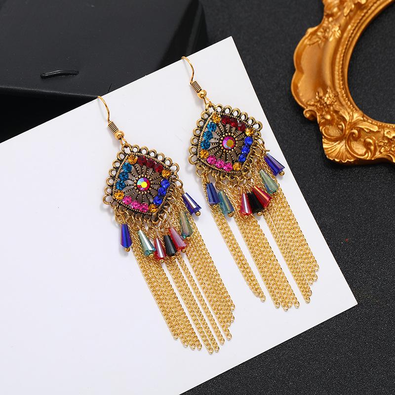 Vintage court ancient gold long fringed earrings women's bohemian ethnic style earrings vacation travel photography temperament earrings