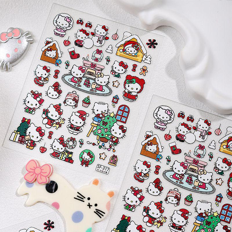 Embossed Hello Kitty Christmas Nail Art Stickers - Cute Trees & Snowflakes