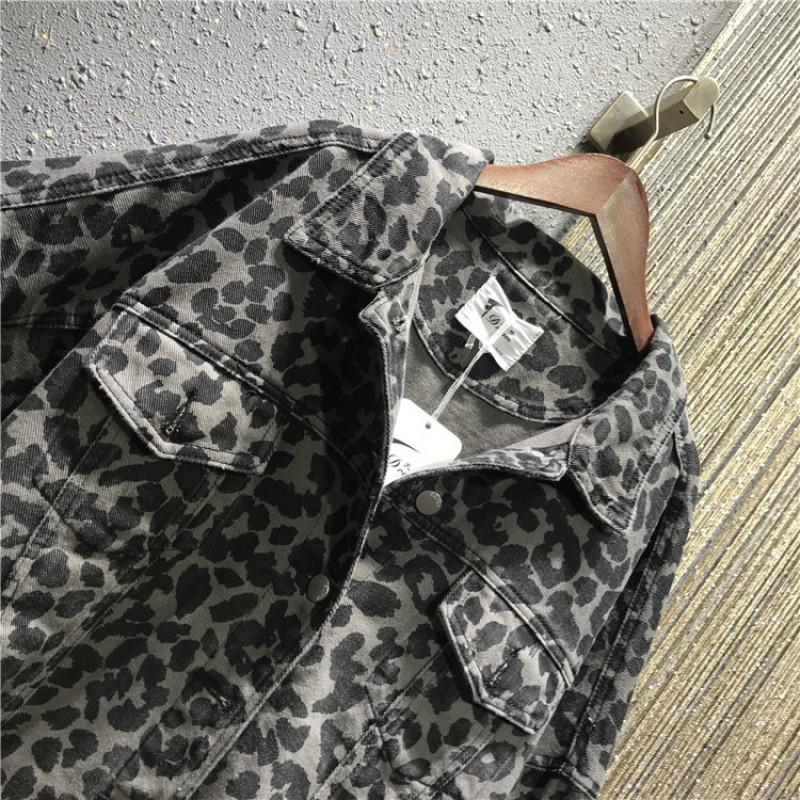 Vintage Leopard Print Denim Jacket Women Loose Fit Casual Streetwear Petite Girls