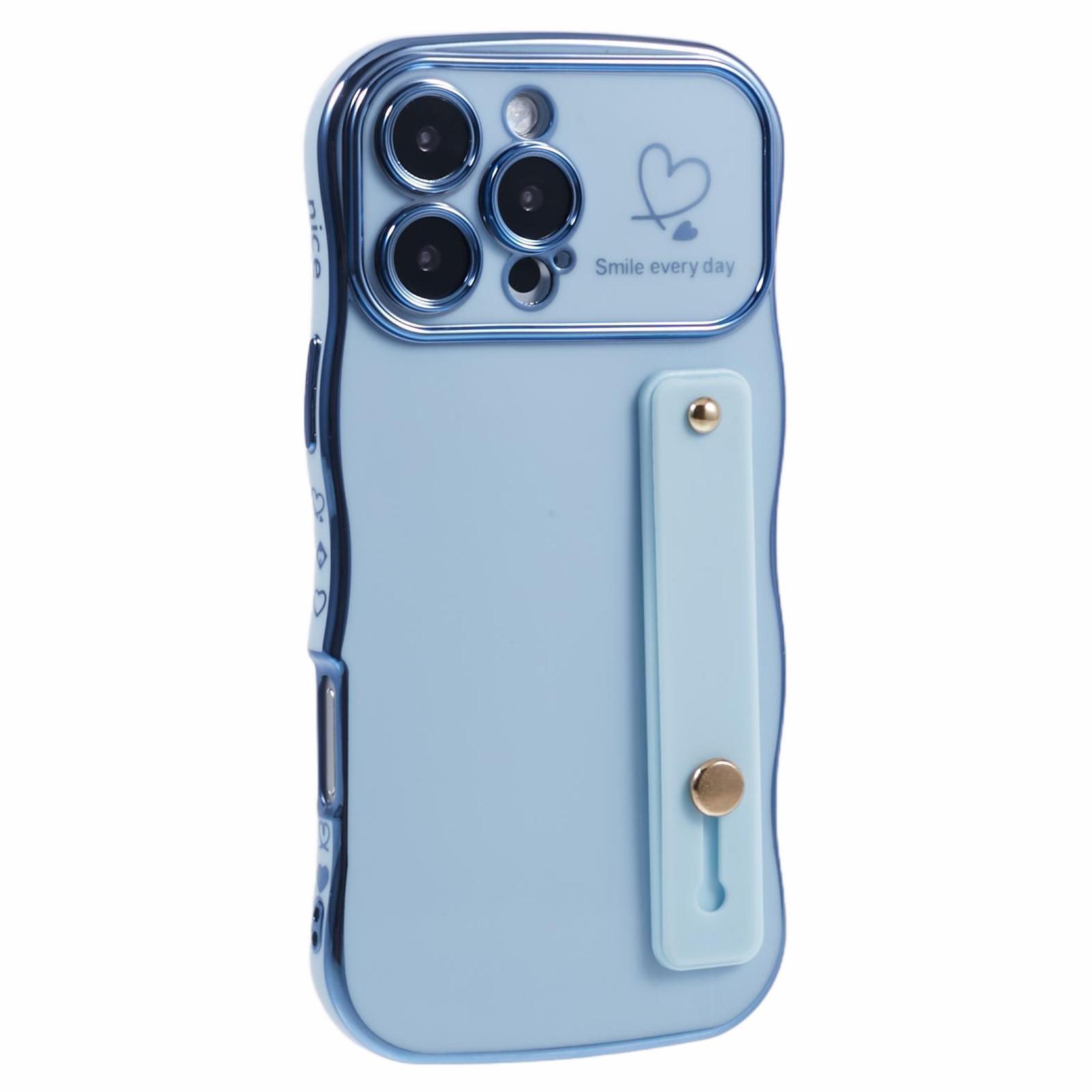 

For iPhone 16 Pro Case Love Heart Electroplated TPU Phone Cover with Wrist Strap Kickstand Blue