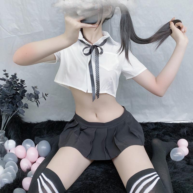 Sex Underwear Perspective College White Shirt Collar Rope Bow Uniform Temptation Plaid Pleated Skirt