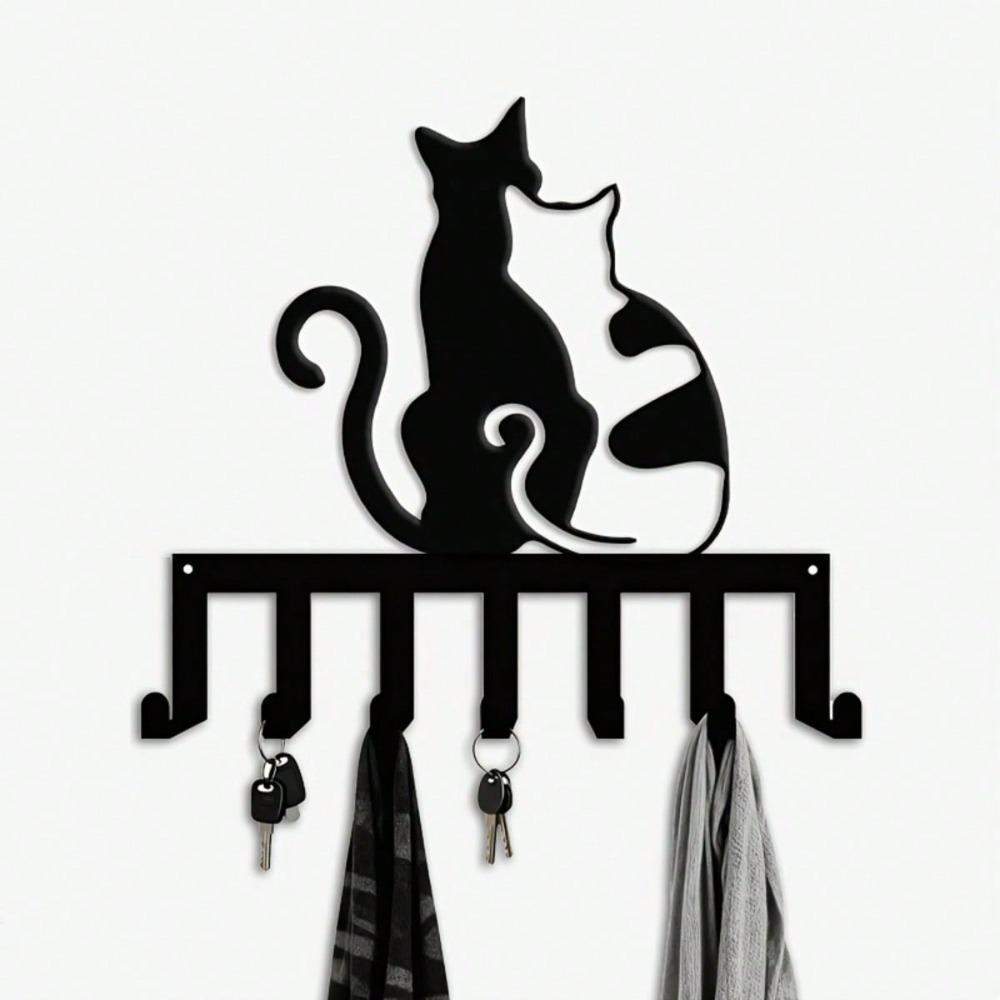 Modern Cat Silhouette Key Holder 7 Hook Wall Mounted Iron Organizer Space Saving Entryway Bedroom Gift for Cat Lovers