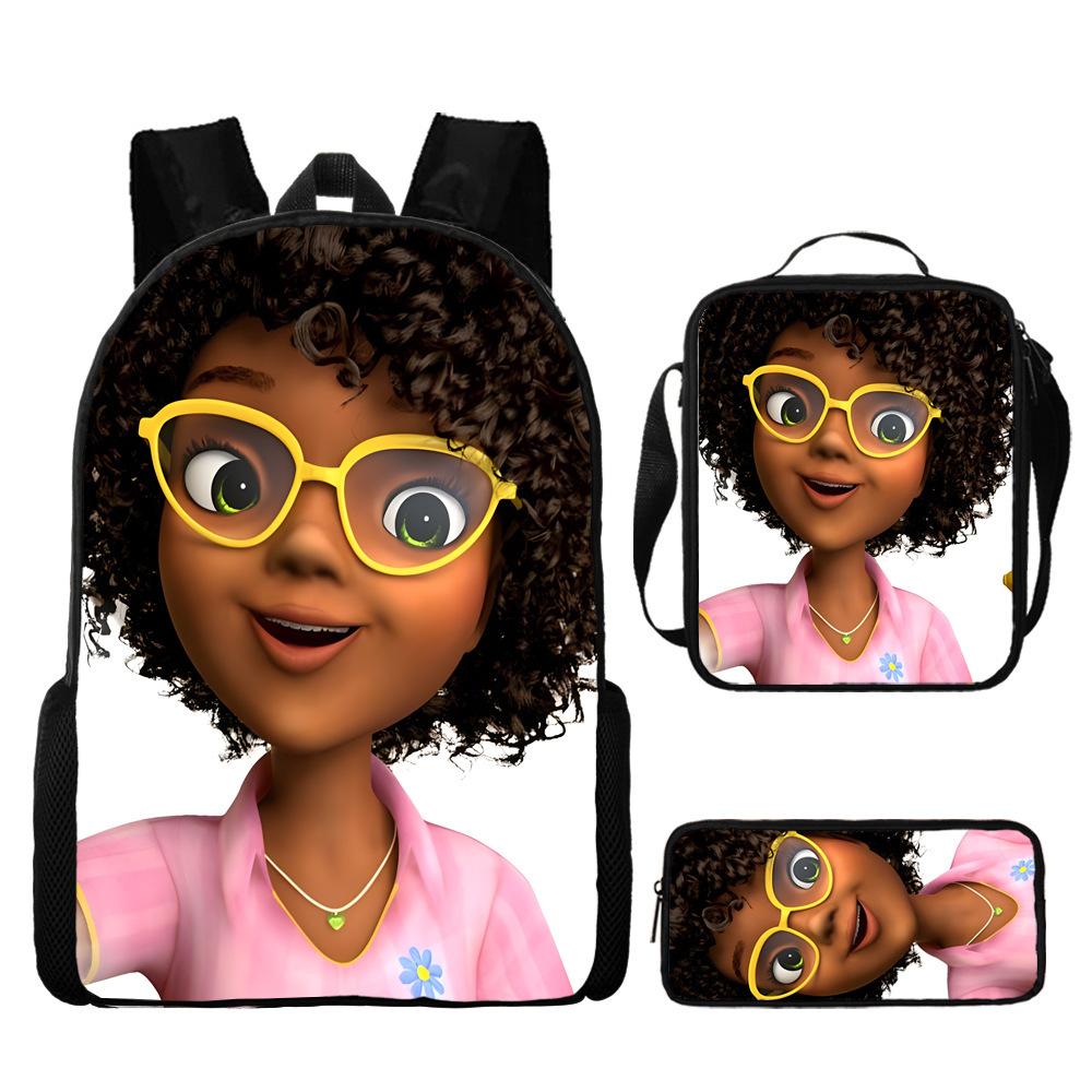 Cartoon African Girl Schoolbag, Primary And Secondary School Backpack, Backpack Three-Piece Set