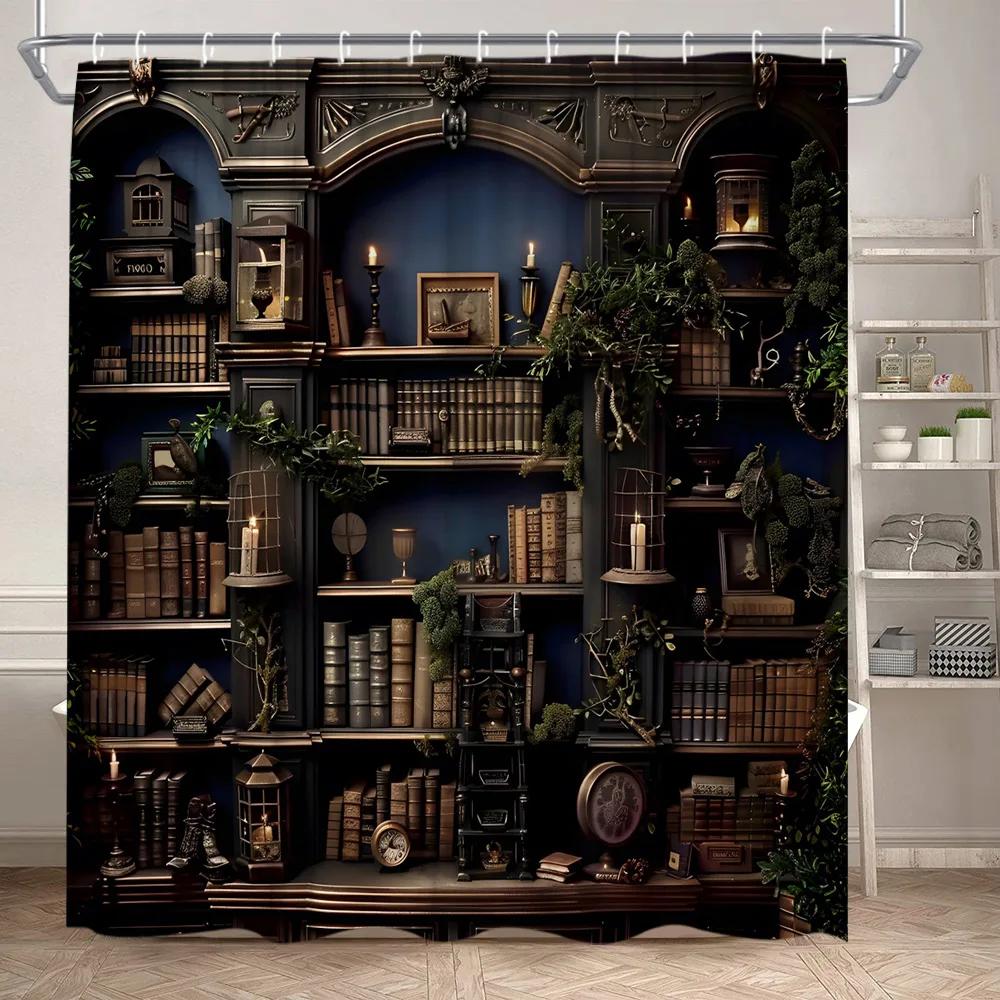Library Shower Curtain Vintage Old Book Bookshelves Plant Leaves Candles Magic Home Polyester Fabric Bathroom Decor Curtains Set