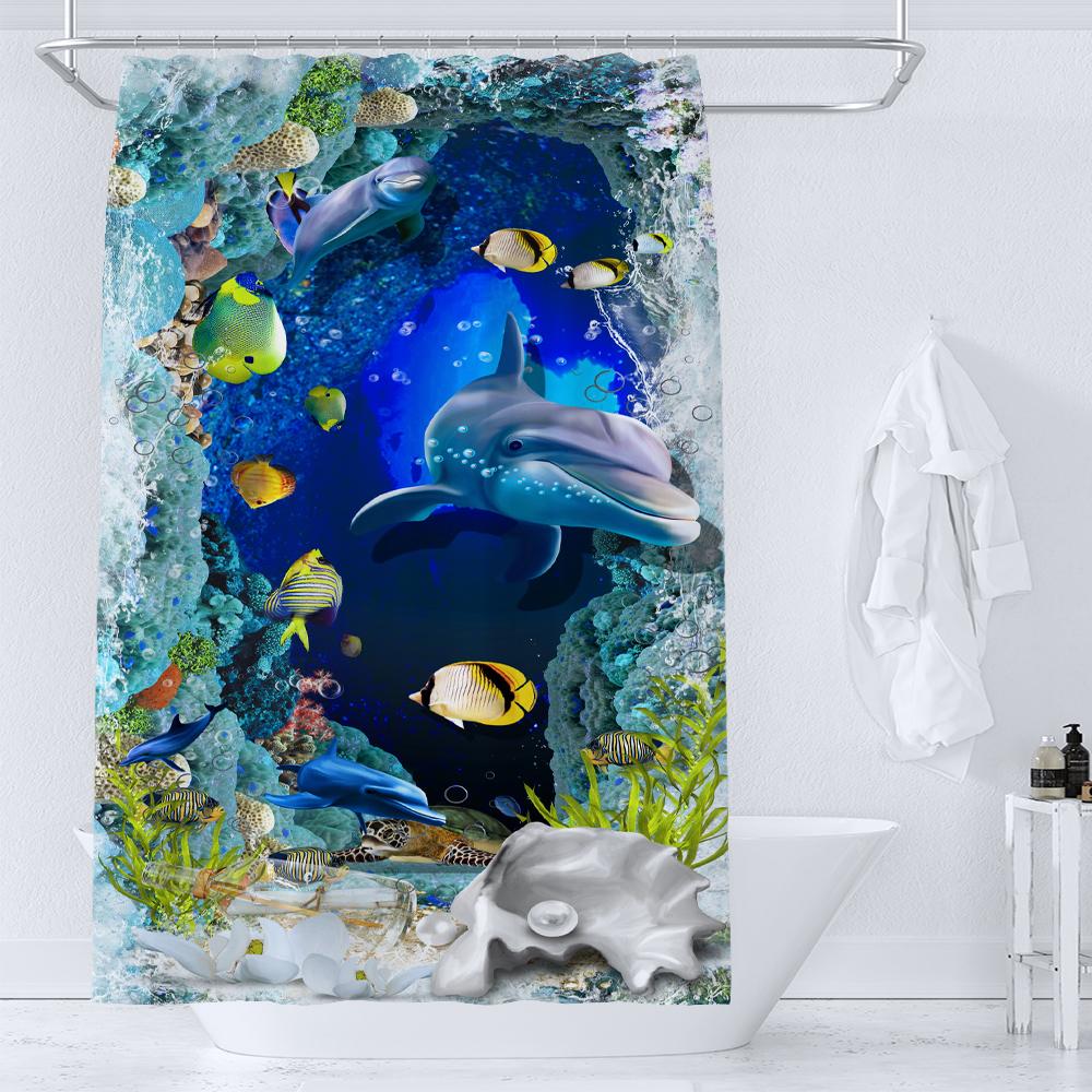 36X72 Inch Dolphin Shower Curtains Underwater World Marine Life Fabric Bath Curtain Kids Ocean Theme Bathroom Decor With Hooks