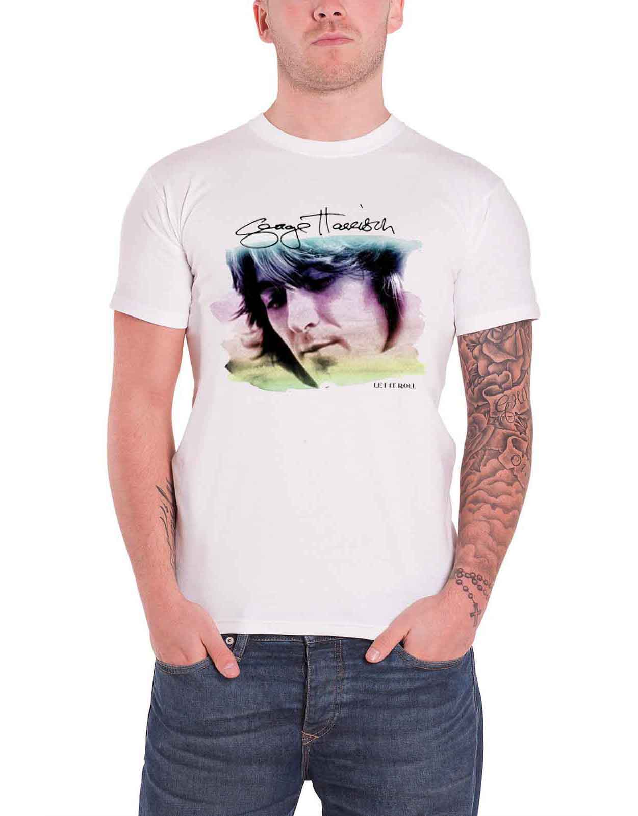 George Harrison T Shirt Water Color Portrait Let It Roll Official White Mens XL