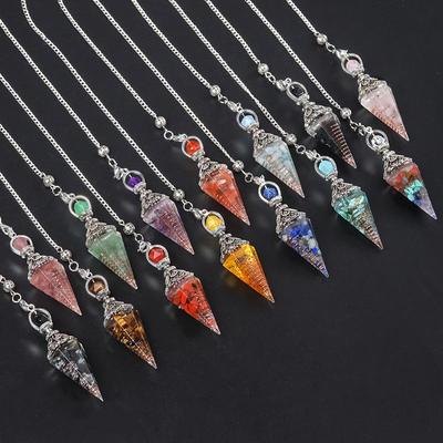 Antique Silver Crystal Hexagonal Pyramid Pendant with Multicolored Semi-Precious Stone Chips