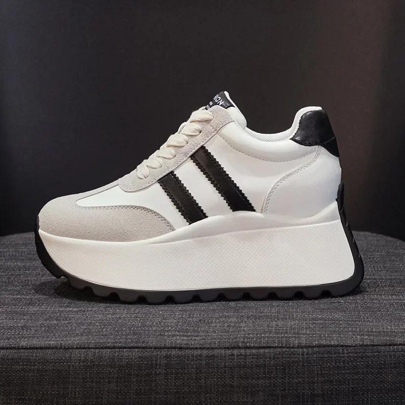 Fashion Top quality 8cm Genuine Leather Platform Wedge Women Spring Autumn Chunky Sneakers Shoes Breathable Comfortable Vulcanize boots